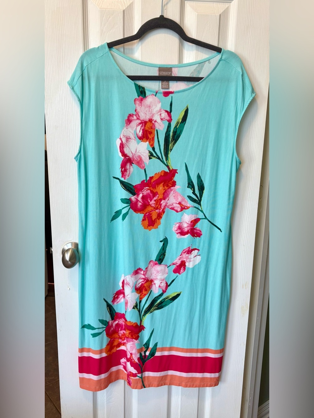 Chico's Size 3 Aqua Floral Dress with Pink and Red Blooms
